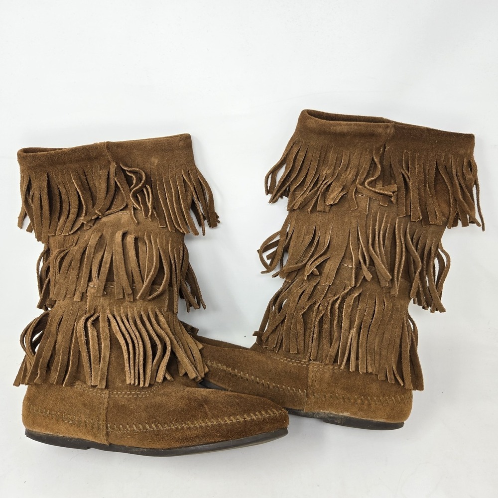 MINNETONKA Women's Size 8M Shoes Brown Suede 3 Layer Fringe Moccasin Boots Boho - Picture 5 of 7